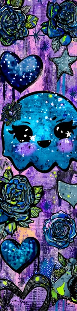 Free kawaii bookmark featuring a blue ghost with pretty eyes